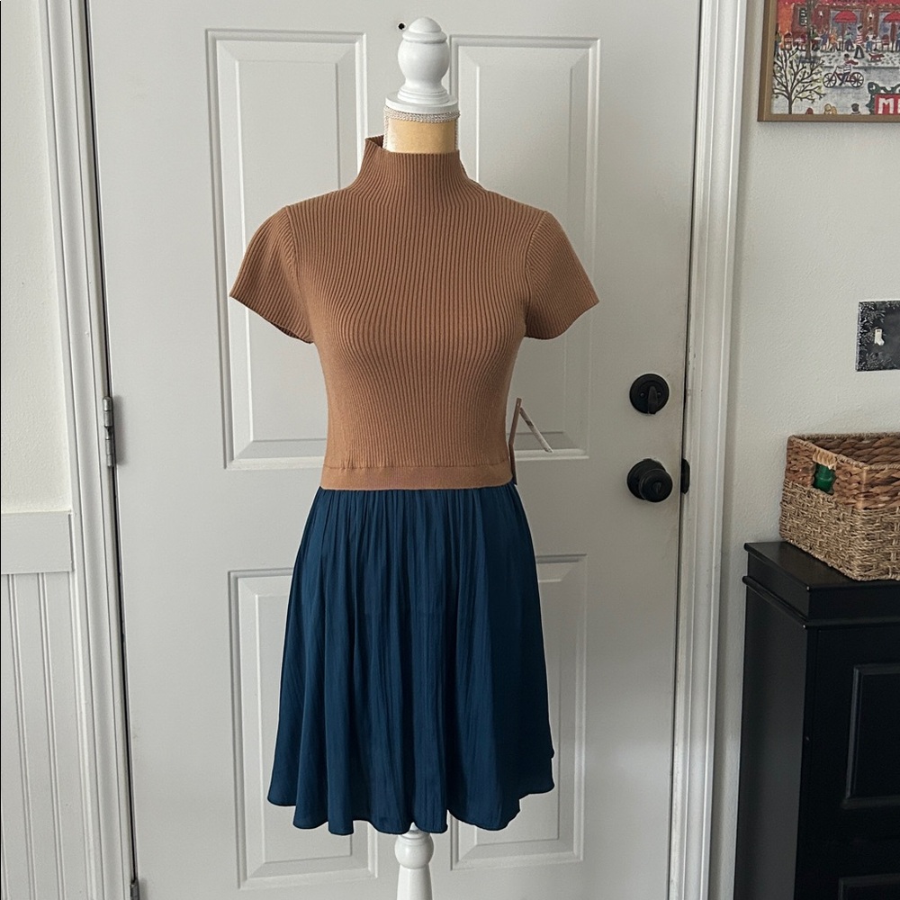 Anthropologie  THEA TWOFER SWEATER DRESS Camel & Teal Size Med NWT